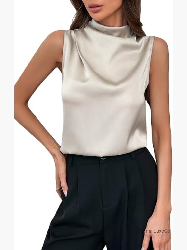 Mock Neck Satin Tank Top Business Casual Work Blouse